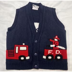 Little Jacques Sweater Vest Toddler Size 2T Fire Truck Fireman Knit Vintage USA